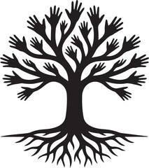 Fototapeta premium Tree of hands silhouette black and white symbolizing unity and growth