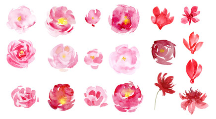 Red simple vector flowers set in watercolor abstract relaxed style, loose artistic blooms for greeting cards wedding invitations stickers fabric social media © Yevheniia Poli