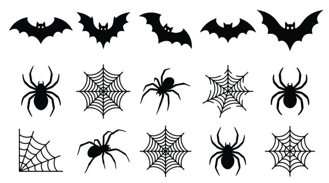 Halloween bats spiders and cobwebs flat vector icon set black silhouette decorative elements