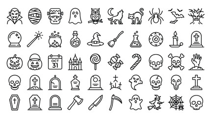 Naklejka premium Halloween icon set. Containing pumpkin, ghost, vampire, mummy, Frankenstein, spider, skull, bone, bat, cat, witch, cemetery, candy and more. Editable line icons. Vector illustration. 