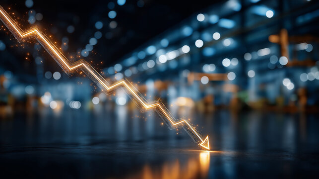 Economic Downturn: A glowing orange arrow symbolizing a downward trend sharply descends in a dimly lit industrial setting, evoking a sense of economic decline and uncertainty.