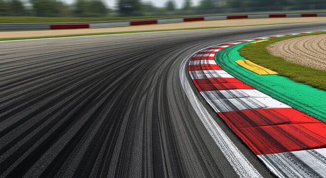 Race track asphalt curve with red white curbing and blurred background