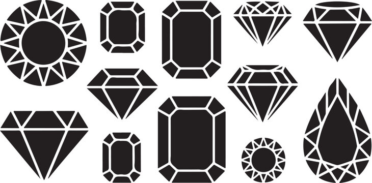 Comprehensive collection of precious stone silhouettes including pear round and emerald cut shapes.
