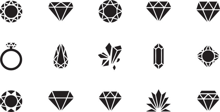 Diverse jewelry icons featuring rings crystals and various gemstone cuts in a clean vector format set.