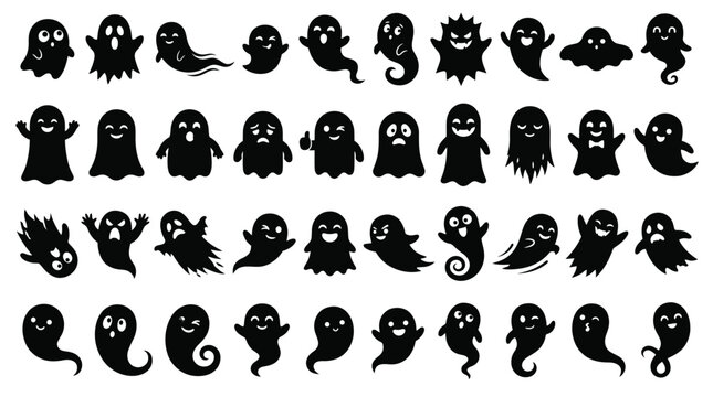 Doodle cute ghosts Haloween great collection. Simple spooky character. Scary ghostly monsters. 