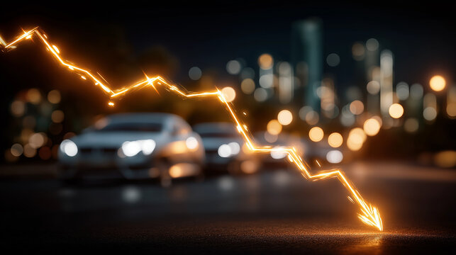 Economic Downturn Downtown: A vibrant lightning bolt graphic intersects with a blurred cityscape and traffic at night, visually representing a steep financial decline or economic crisis.