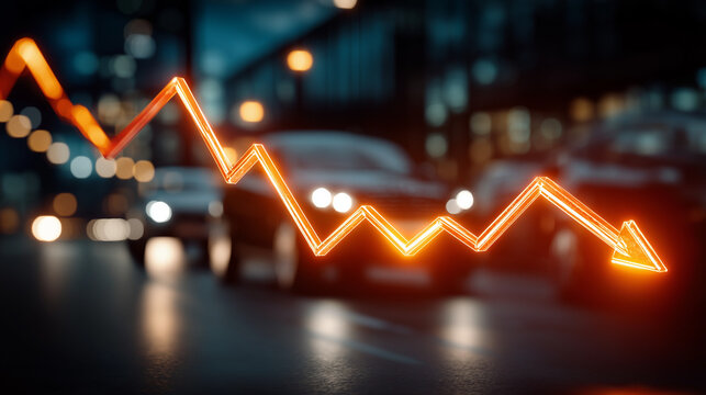 Economic Downturn: A neon orange graph illustrates a sharp decline, superimposed over a blurry backdrop of city traffic at night, symbolizing financial recession and market volatility.