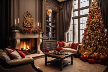 Fototapeta premium Elegant living room with a decorated christmas tree, glowing fireplace, and luxurious furnishings