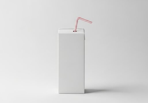 Empty white carton juice box with straw on plain background isolated on white background