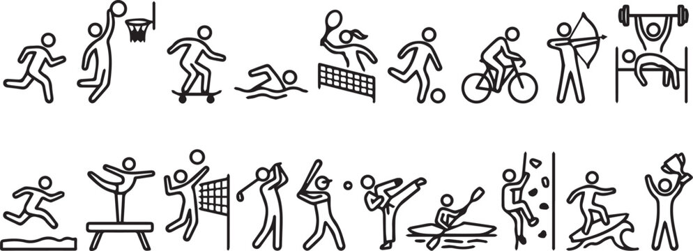 Collection of stick figures engaging in various sports and fitness activities