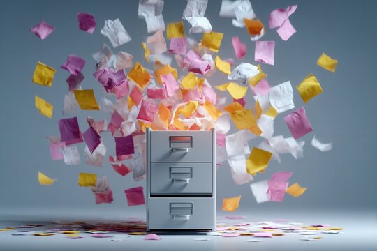 Filing cabinet with colorful papers flying out in studio