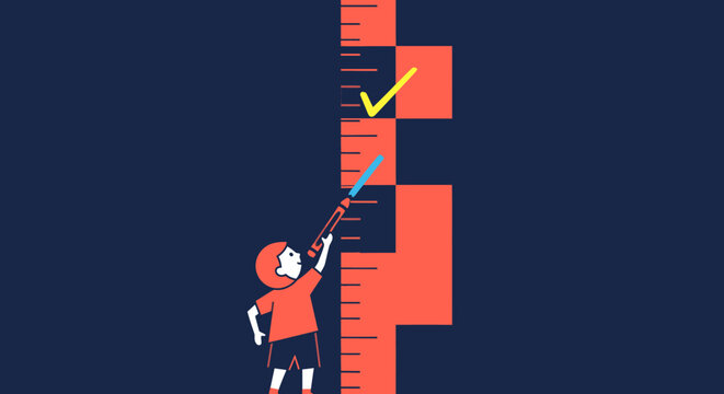 Child measuring height on a growth chart with a checkmark indicating progress, concept of development and achievement