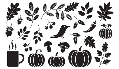 Fototapeta premium Decorative fall harvest elements in black silhouette illustration style