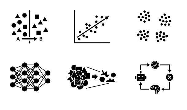 Machine Learning Concepts, Data Science Icons, AI Algorithms, Neural Networks, Clustering, Regression, Vector Graphics