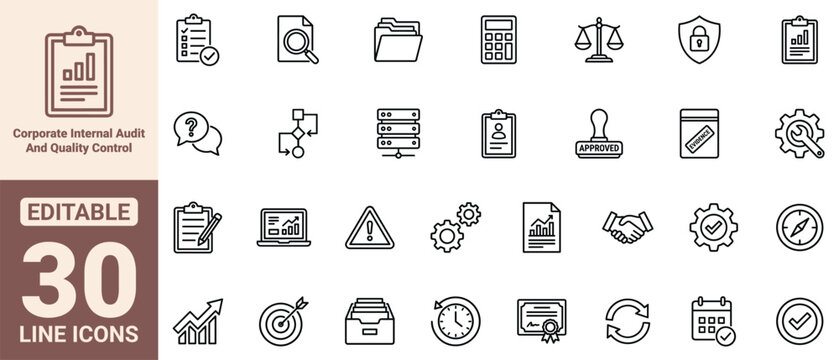Corporate Internal Audit and Quality Control Icon Set Featuring Assessment Scope Materiality Level Risk Response Remediation Plan Operational Excellence and Review Icons