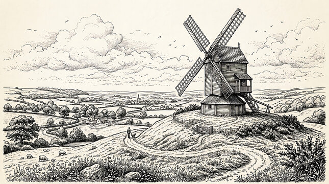Traditional old windmill on a grassy hillside with a scenic rural landscape illustration in ink windmill landscape countryside illustration traditional heritage agriculture building structure