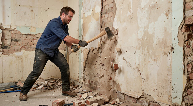 Construction worker breaking brick wall with axe. Interior demolition and home renovation project with flying debris