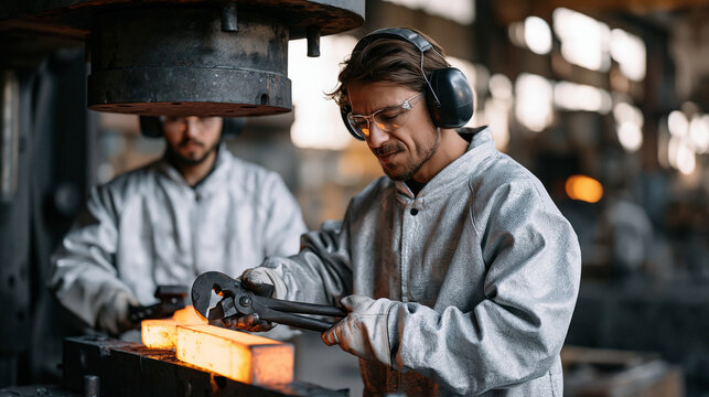 Steel mill apprentice gripping tongs and assisting a journeyman during a forging press operation, both workers in aluminized coats, first year heavy industry skills development and on the job traini