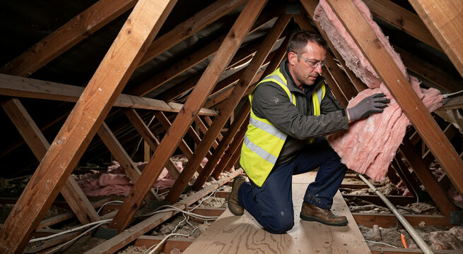 Contractor installing pink fiberglass insulation in an unfinished attic. Male worker in a high-visibility vest improving home energy efficiency under wooden roof trusses