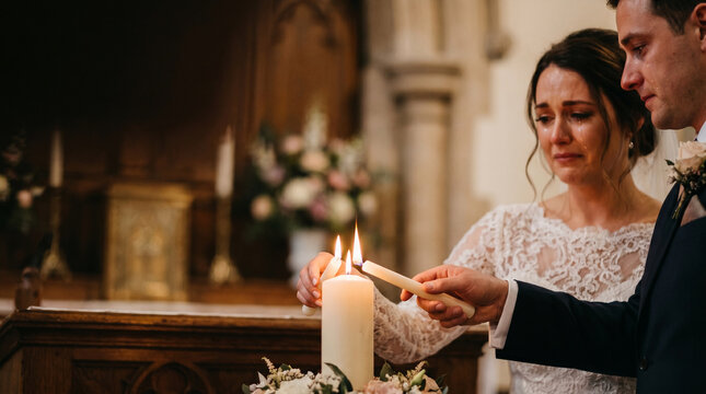 Bride and groom lighting unity candle during emotional wedding ceremony in church