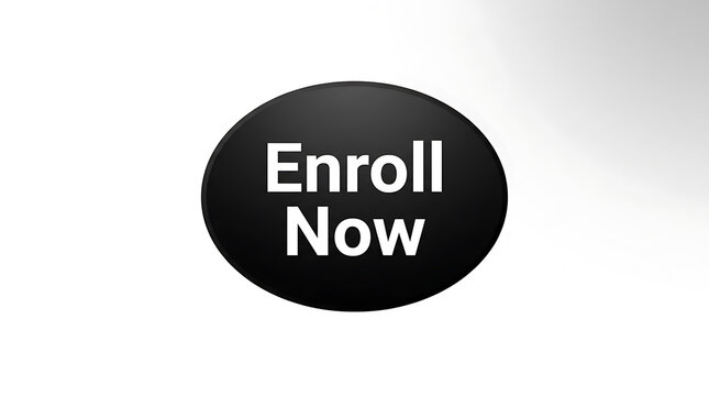 Black circle button with white text saying enroll now on white background