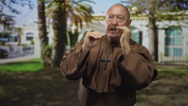 Man in monk robe wearing a cross necklace, hands cupped to mouth shouting and raising a fist near face in front of building with palm trees and grass; devotion prayer call.