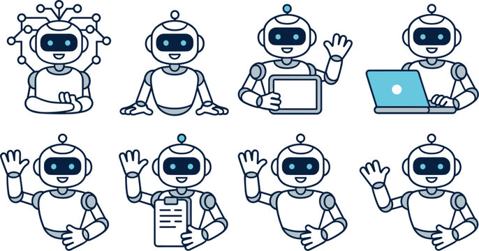 Set of friendly AI bot assistants waving hands working on laptop and holding clipboard.