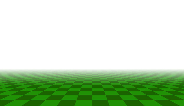 Green pixel art game ground plane with checkered pattern receding into foggy misty distant transparent horizon