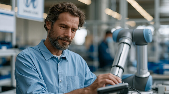 Male cobots technician calibrating a collaborative robotic arm on an electronics assembly line using a teach pendant, workspace showing human and robot shared zone signage, industry four zero automa
