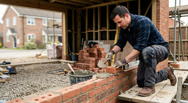 Male bricklayer building a red brick garage wall. Mason kneeling on scaffolding and applying mortar with a trowel during outdoor residential construction