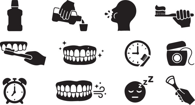 Dental hygiene icons set brushing flossing mouthwash and oral care
