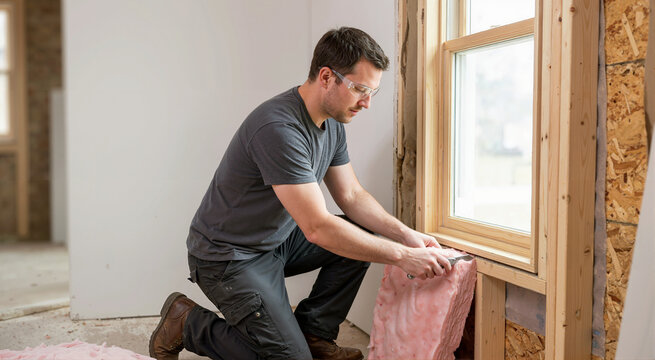 Man cutting pink fiberglass insulation with a utility knife near a window. Builder installing thermal weatherization in wooden wall framing during home renovation