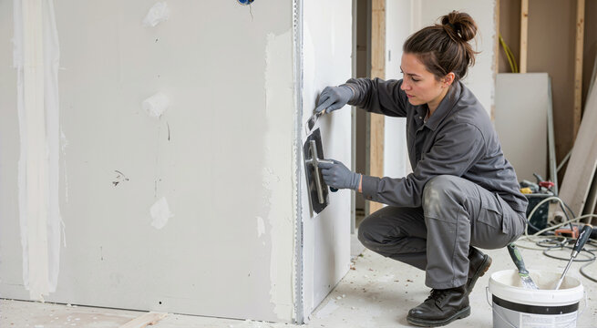 Woman plastering wall edge with trowel. Female builder applying joint compound to drywall corner. Home renovation and construction concept