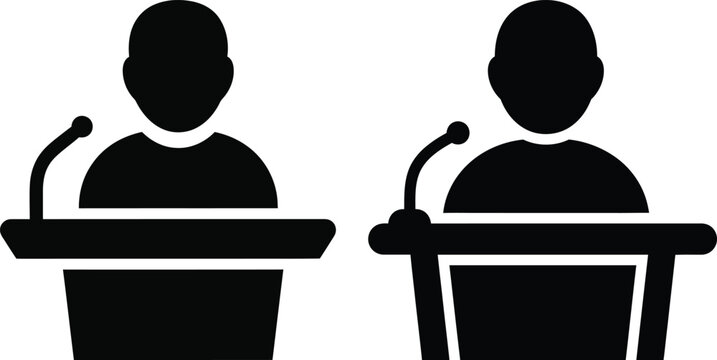 Two speakers at podiums silhouette icon set public speaking debate and presentation graphics