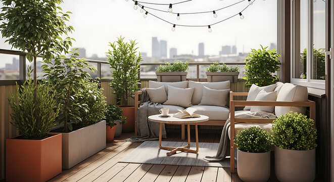 Cozy modern balcony terrace with comfortable outdoor sofa furniture, green potted plants, and city skyline view