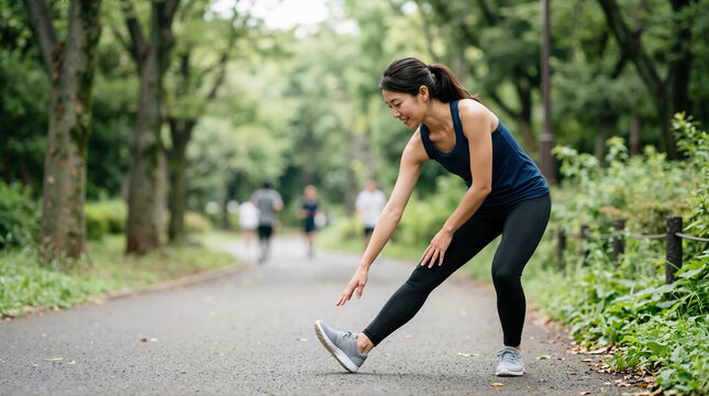 Japanese woman stretching legs before a run in the park. Female runner doing warm up exercises on a paved path surrounded by nature