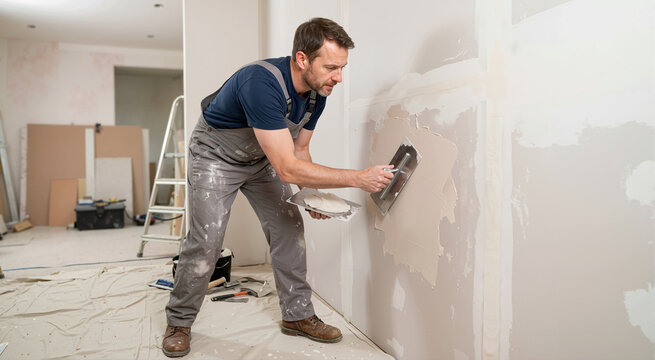 Male builder in overalls plastering drywall with a trowel. Handyman applying putty to interior wall during home renovation. House repair and remodeling concept