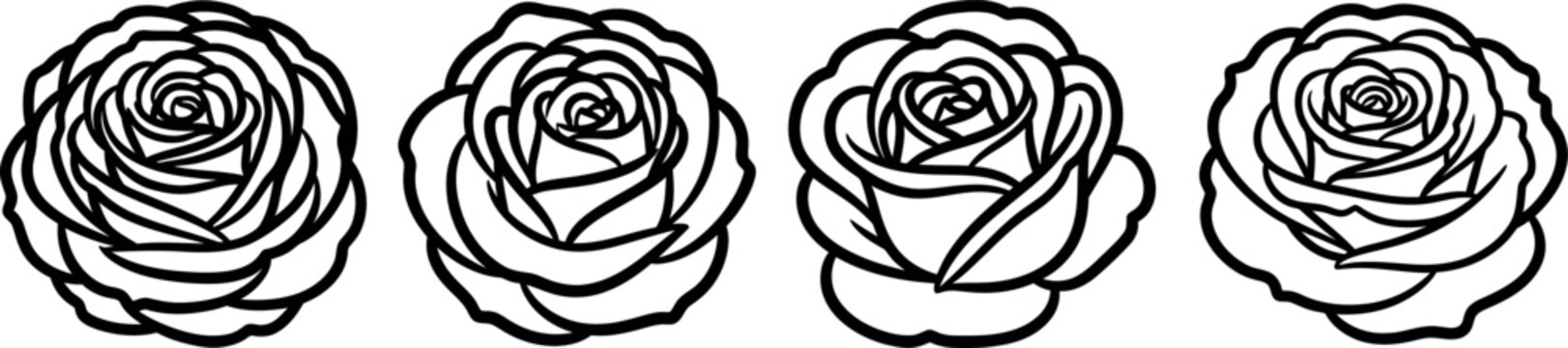 Silhouette of four black roses on white background