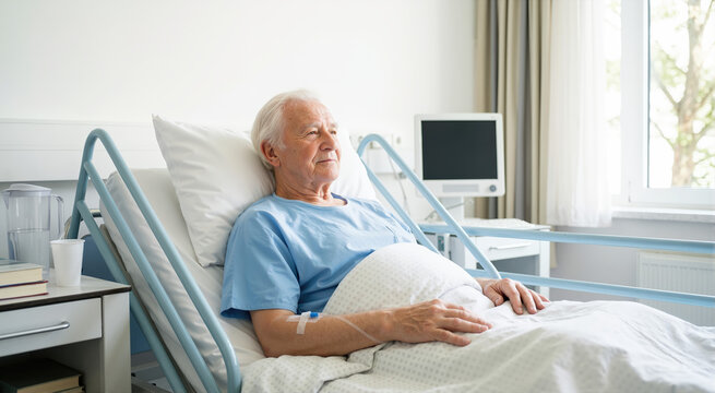 Senior man lying in a hospital bed with an IV line. Elderly male patient resting and looking out the window in a medical ward. Healthcare and recovery concept