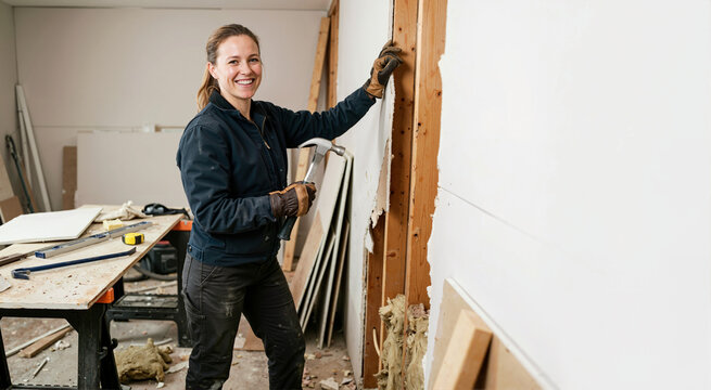 Smiling female construction worker demolishing a drywall with a hammer. Woman in leather gloves tearing down a wall to expose wooden studs. Home renovation and remodeling