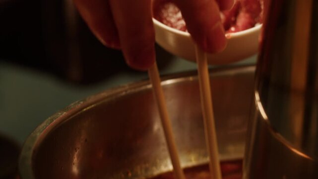 Korean Hot Pot Soup cooking, Japanese Ramen with Beef or chicken, rice noodles with fried meat, Tom Yam kung Spicy Thai asian soup, chef cooking in traditional korean chinese food