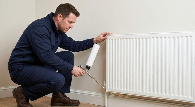 Male maintenance worker applying expanding foam insulation behind a white radiator. Plumber in uniform kneeling on wooden floor during home heating repair