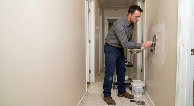 Male construction worker applying plaster to a hallway wall. Man using a taping knife and mud pan for drywall repair during indoor home renovation