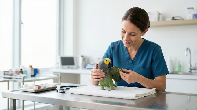 Female avian veterinarian examining a green parrot. Woman vet checking a bird's wing on an examination table in a clinic