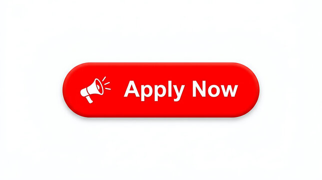 Red apply now button with megaphone icon on white background