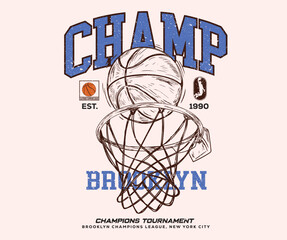 Fototapeta premium Basketball college league. Vintage artwork for sportswear. Sport logo. College font. Basketball club vector t-shirt design. Brooklyn basketball league graphic print design. Champion tournament. 