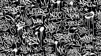 Seamless monochrome graffiti tags pattern with abstract street art elements hand drawn urban doodle wallpaper texture vector illustration © Kanon Islam