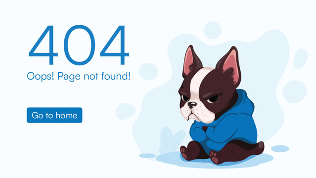 Cute French bulldog 404 error page illustration for website UI and landing page design