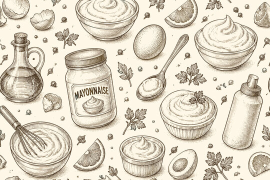Hand-drawn illustration of mayonnaise ingredients and products in a seamless pattern