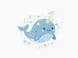 Naklejka premium A cute, smiling narwhal with a single horn, surrounded by stars, bubbles, and rainbows, depicted in a whimsical, stylized illustration